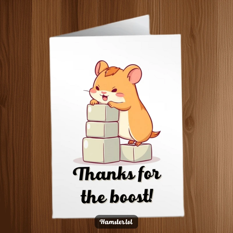Funny Free Printable Thank You Card: Playful hamster striving to climb blocks, a DIY gift.