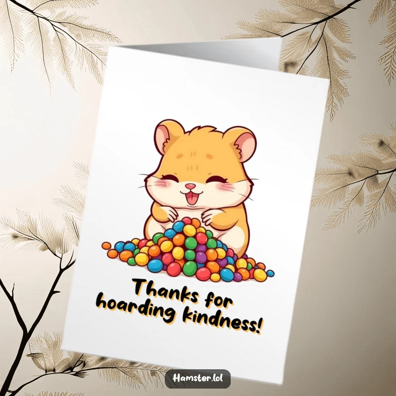 Funny Free Printable Thank You Card: Mischievous hamster playfully hoarding a stack of colorful beads.