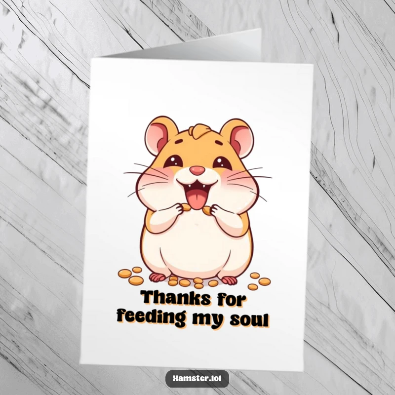 Funny Free Printable Thank You Card: hamster enthusiastically stuffing cheeks with seeds, expressing thanks.