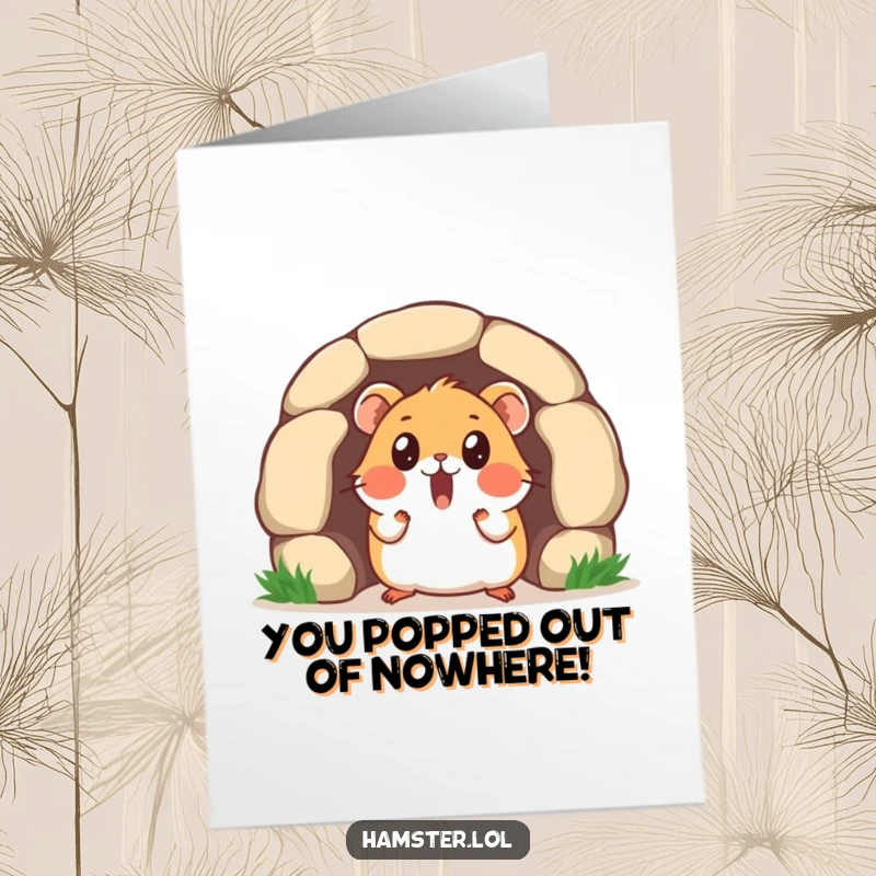 Funny Free Printable Thank You Card: surprised hamster emerging from a tiny tunnel, expressing thanks humorously.