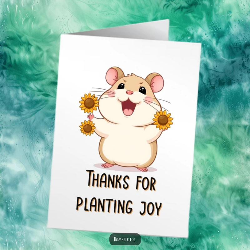 Funny Free Printable Thank You Card: Joyful hamster juggles sunflower seeds, expressing a delightful abundance of thanks.