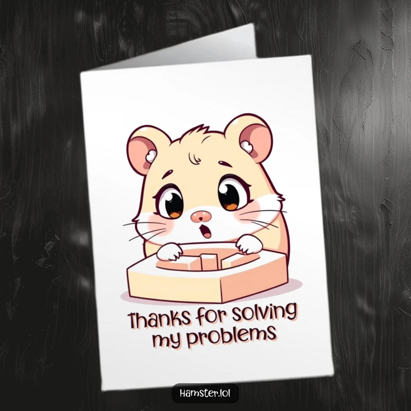Funny Free Printable Thank You Card: A surprised hamster character with widened eyes looking at a tiny maze, sending thanks.