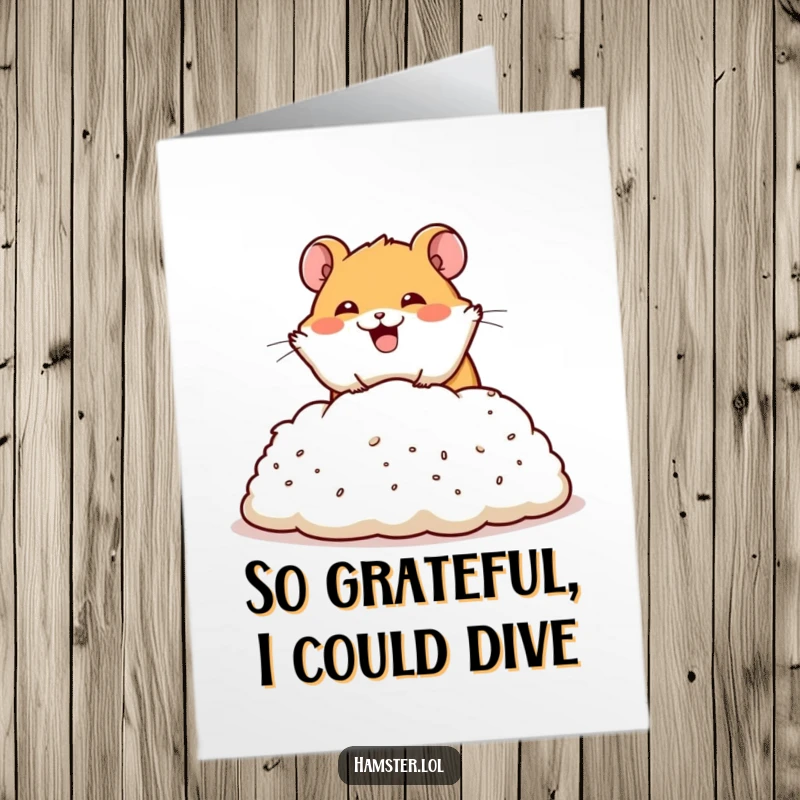 Funny Free Printable Thank You Card: happy hamster performing a dramatic dive into a pile of bedding, expressing thanks humorously.