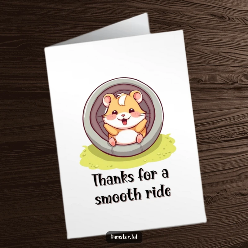 Funny Free Printable Thank You Card: A hamster character playfully sliding down a tube with a smile, sending smooth thanks.