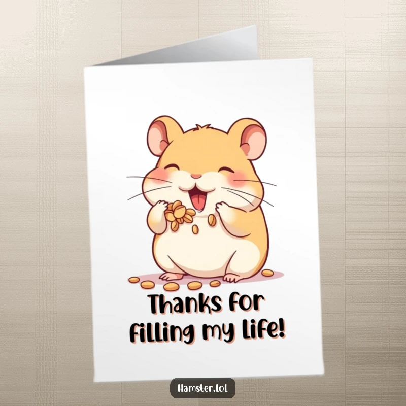 Funny Free Printable Thank You Card: Hamster character stuffing its cheeks with seeds, an adorable way to say thanks.