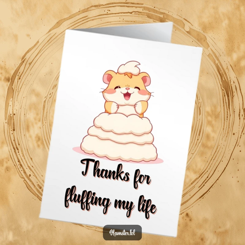Funny Free Printable Thank You Card with a happy hamster admiring its colossal fluff bedding tower.