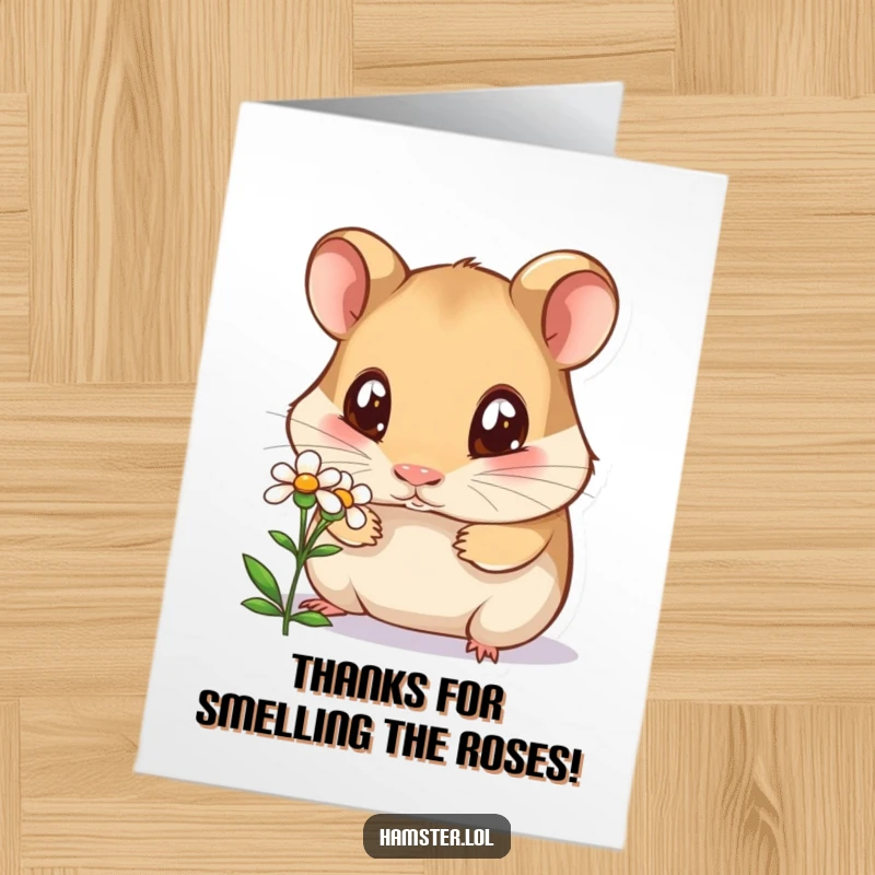 Funny Free Printable Thank You Card: Curious hamster with wide eyes gently sniffing a tiny flower.