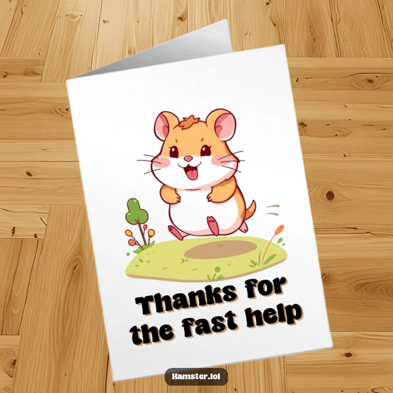 Funny Free Printable Thank You Card: Energetic hamster dashes across a landscape, conveying a quick and cheerful thank you.