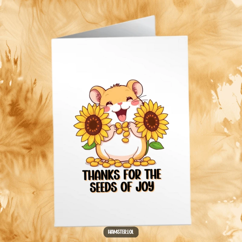 Cute free printable thank you card depicting a happy hamster stuffing its cheeks with an abundance of large sunflower seeds.