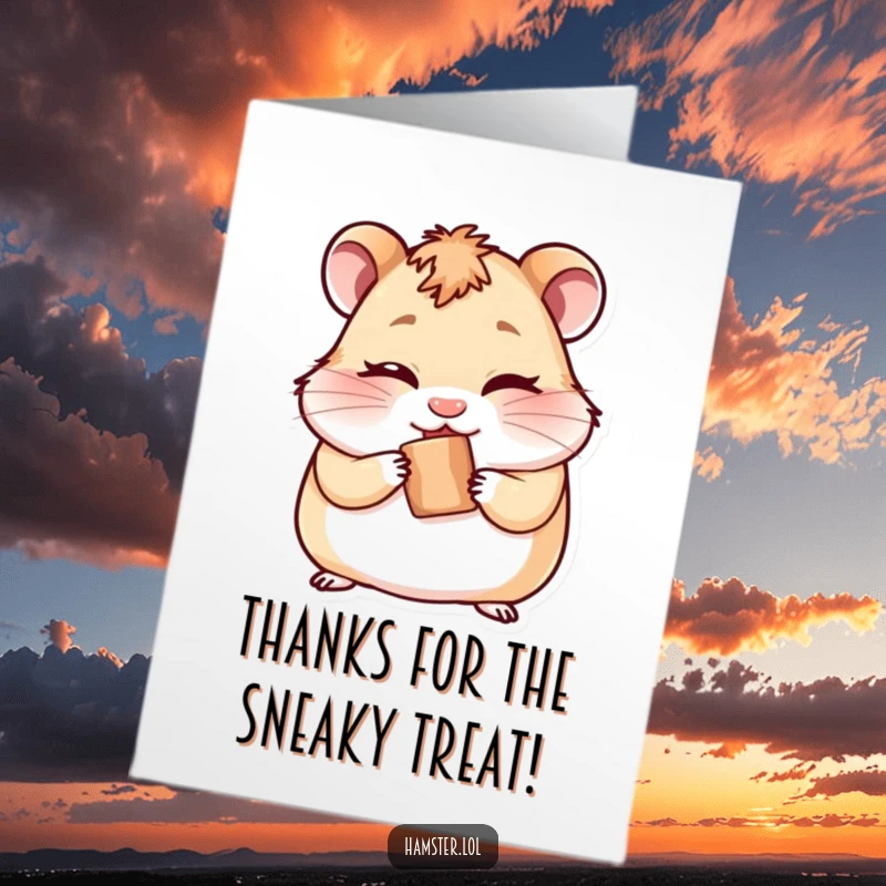 Funny Free Printable Thank You Card: Hamster winks mischievously, concealing a small treat, adorable.