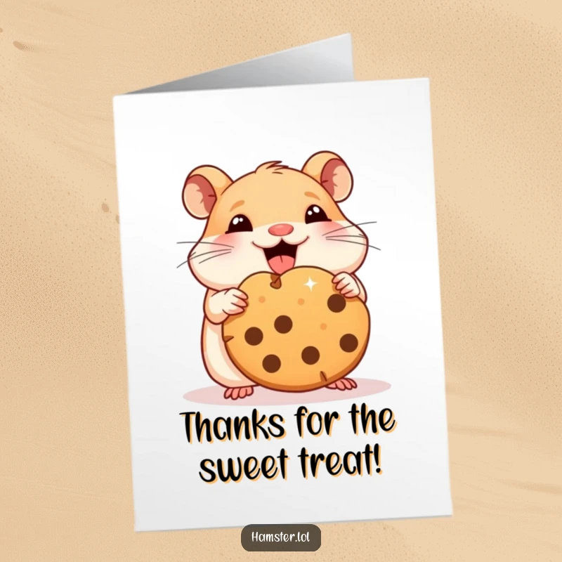 Funny free printable thank you card depicting a happy hamster enjoying a delicious cookie, expressing gratitude with humor.
