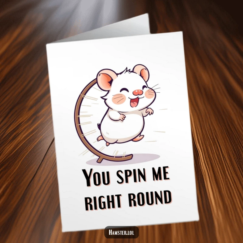 Funny Free Printable Thank You Card: giggling hamster running on a wheel at lightning speed, expressing thanks humorously.