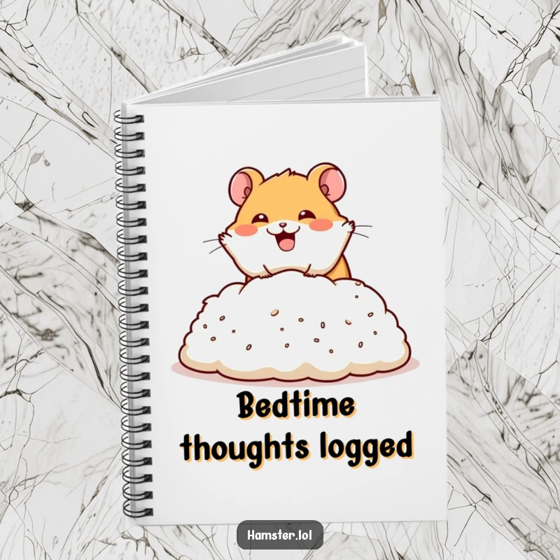 Funny notebook cover with a happy hamster character performing a dramatic dive into a pile of bedding, symbolizing relaxation and comfort.
