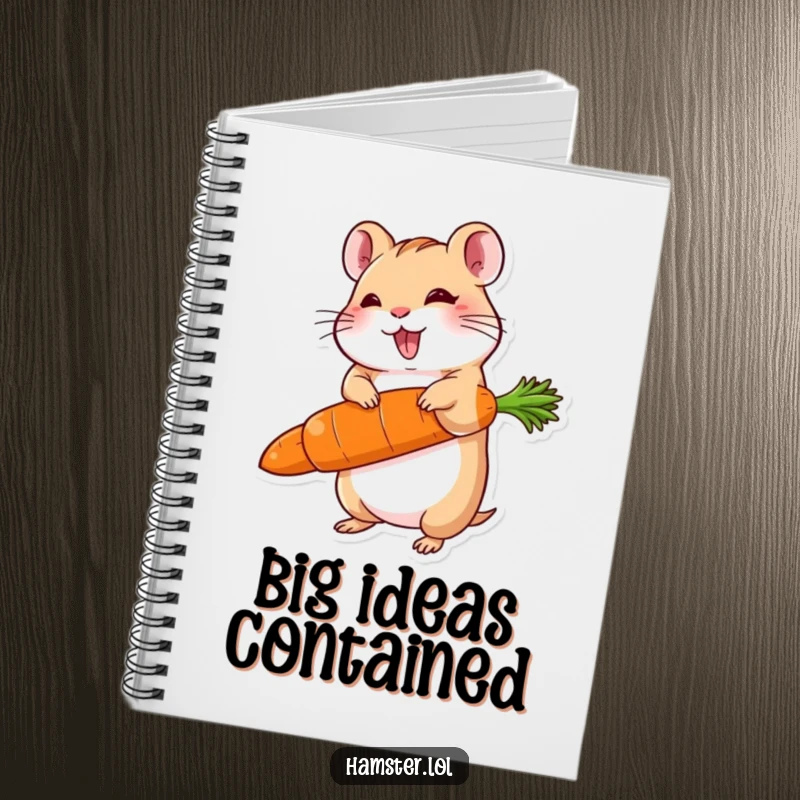 Funny notebook cover with a delighted hamster character balancing a carrot much larger than itself, symbolizing the achievement of big goals.