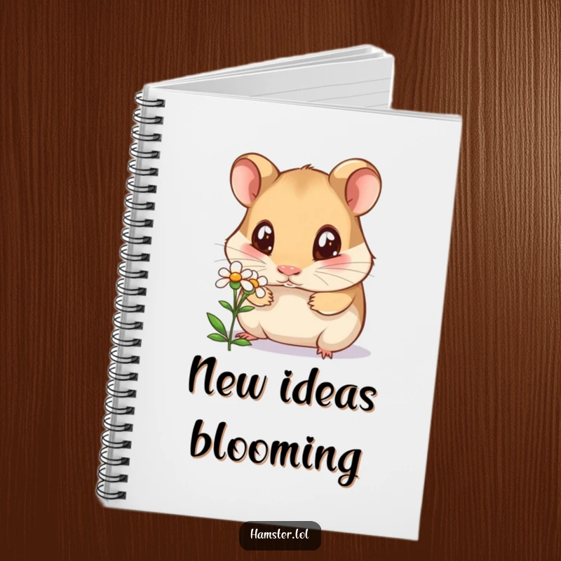Funny curious hamster notebook, a hamster with wide eyes sniffing a tiny flower, for journaling and nature observations.