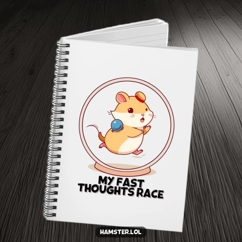 Funny hamster character running fast on a spinning wheel on a notebook cover, inspiring action.