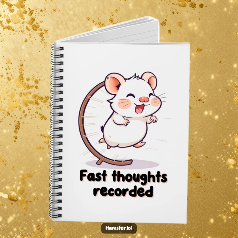 Funny notebook cover with a giggling hamster character running at lightning speed on its wheel, symbolizing rapid ideation.