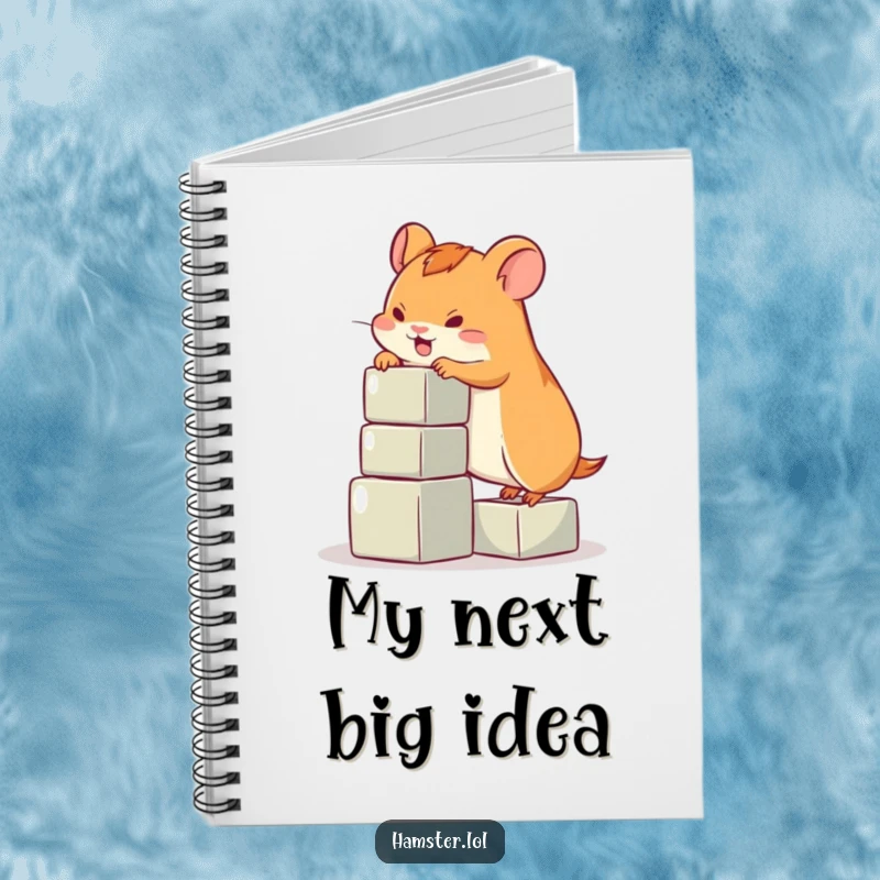 Funny hamster notebook, a cute hamster character climbing a small stack of blocks, for journaling and funny thoughts.