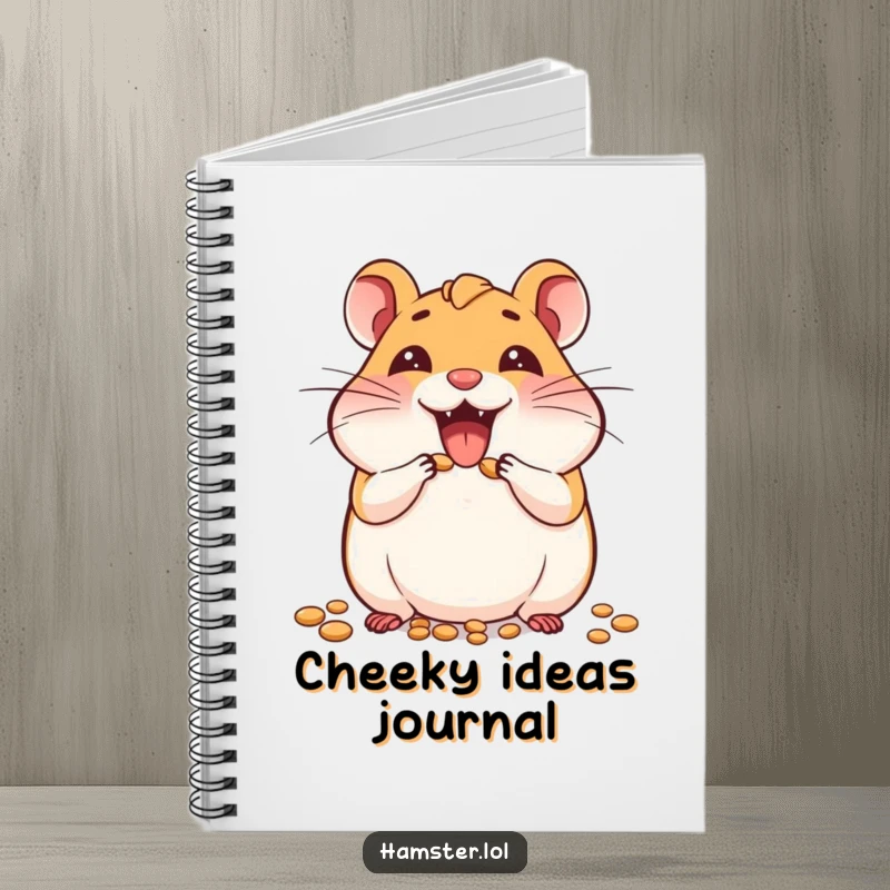 Funny notebook cover with a joyful hamster character enthusiastically stuffing its cheeks, symbolizing abundant ideas and thoughts.
