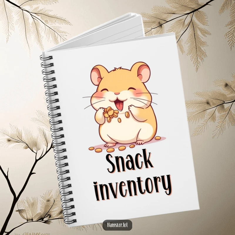 Funny notebook cover with a hamster character enthusiastically stuffing its cheeks full of seeds, perfect for students and planners.