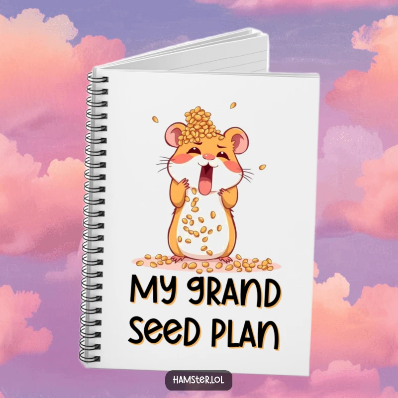 Funny notebook cover featuring an excited hamster focused on building a large tower out of seeds, ideal for planning.