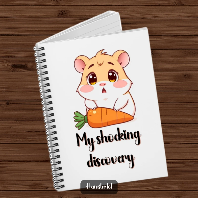 Funny notebook cover featuring a wide-eyed, surprised hamster comically sitting on a carrot, ideal for journaling.
