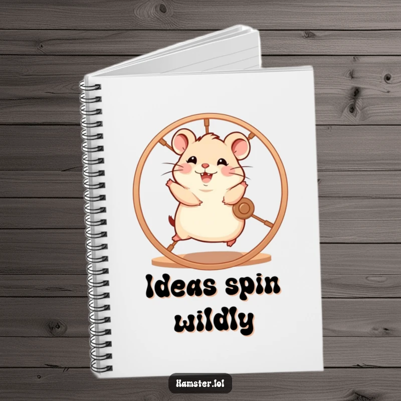Funny hamster character enthusiastically running on a spinning wheel with glee, a notebook with a humorous and energetic cover.