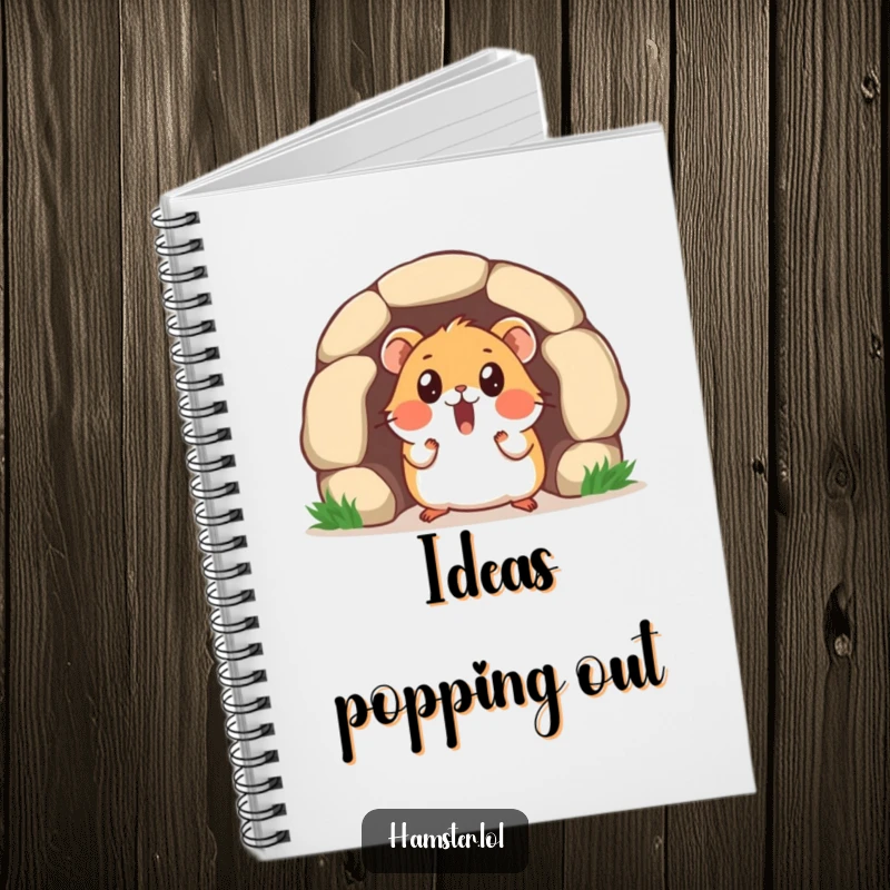Funny notebook cover with a surprised hamster character emerging from a tiny tunnel, symbolizing unexpected inspiration.