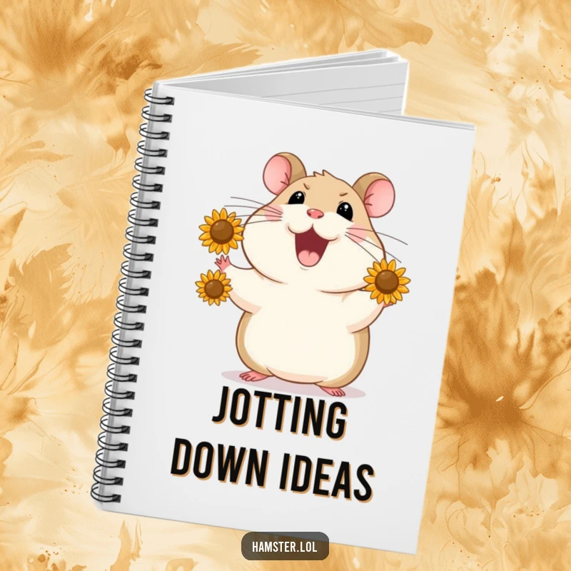 Funny Notebook cover shows a hamster juggling sunflower seeds, symbolizing the juggling of ideas and humorous productivity.