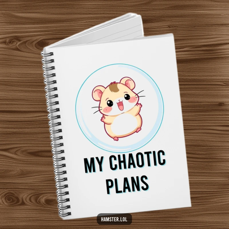 Funny hamster ball notebook, a cheerful hamster character zipping inside a clear ball, for jotting down notes with energy.