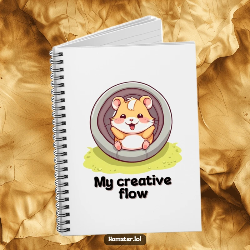 Funny hamster character playfully sliding down a tube with a smile, a notebook with a humorous and playful cover.