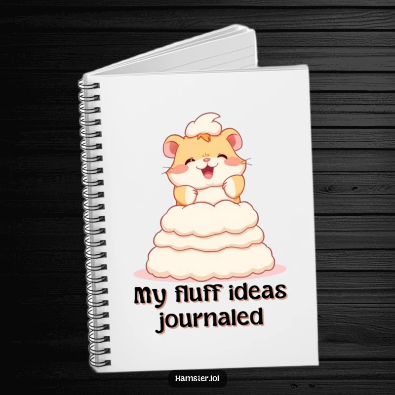 Funny notebook cover with a cute hamster character diligently constructing a tall tower out of bedding fluff, ready for notes.