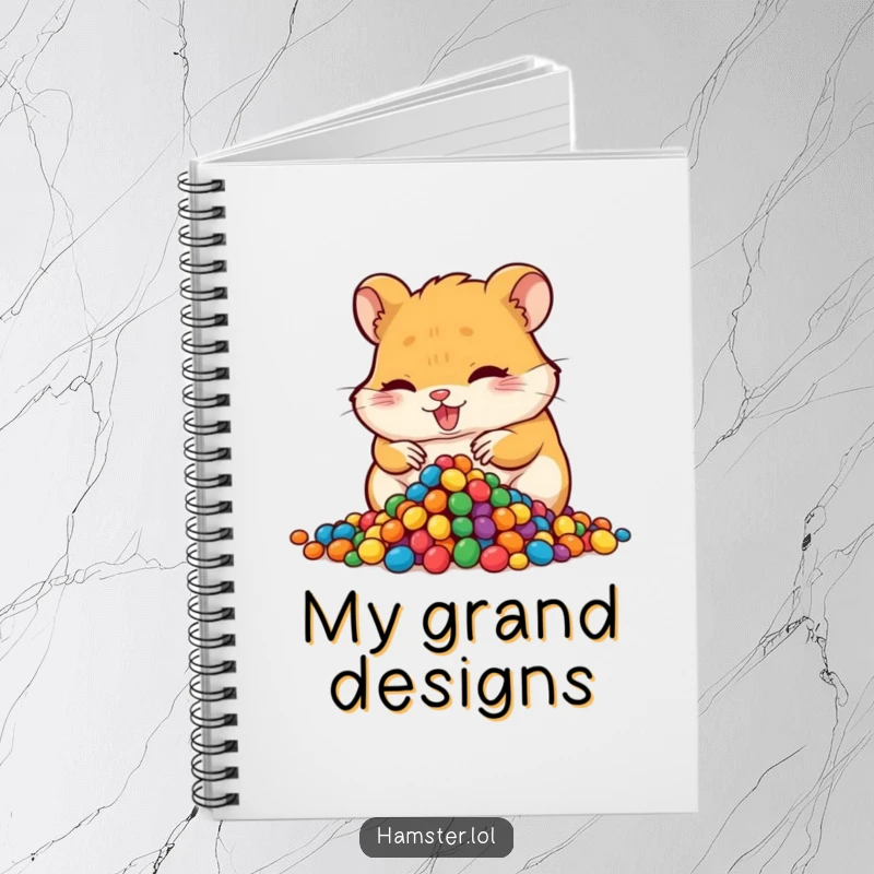 Funny hoarding hamster notebook, a mischievous hamster character hoarding colorful beads, for journaling and collecting thoughts.