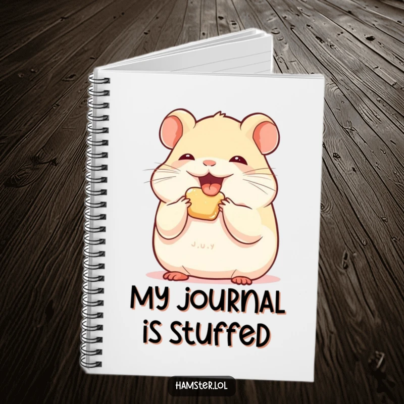 Funny hamster character stuffing its cheeks with joy on a notebook cover, inspiring hoarding.