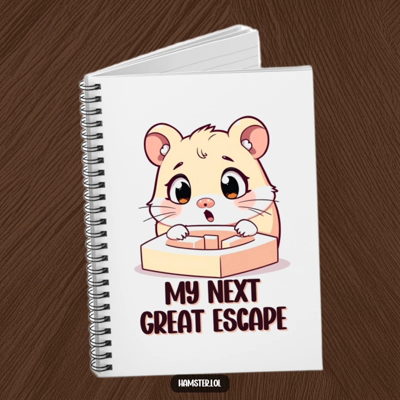 Funny surprised hamster character with widened eyes looking at a tiny maze, a notebook with a humorous and charming cover.