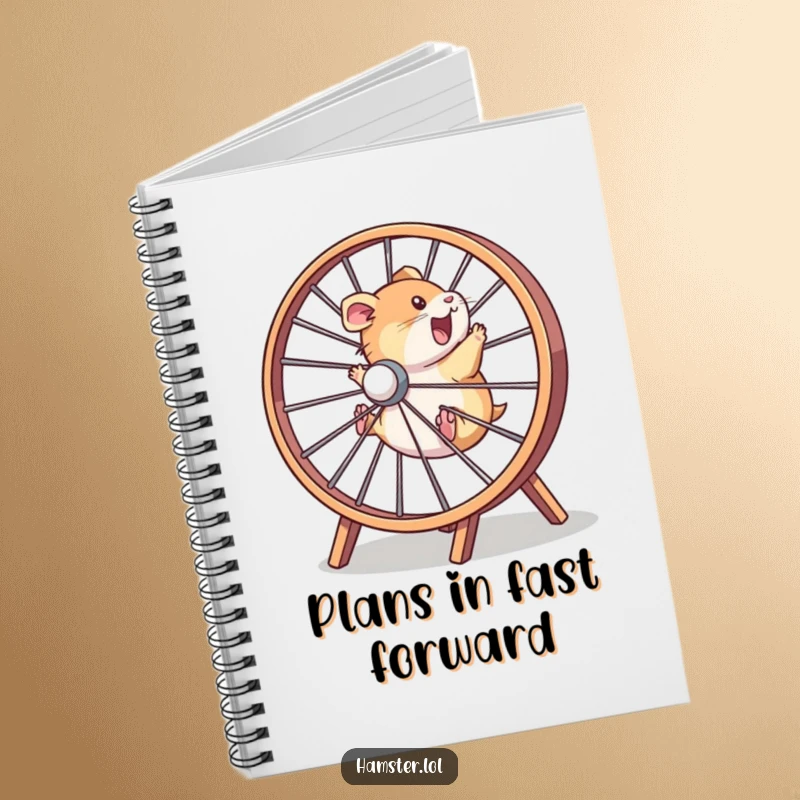 Funny hamster character in action within a hamster wheel, featured on a humorous and inspiring notebook.