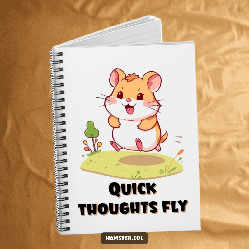 Funny Notebook cover shows an energetic hamster dashing across a tiny landscape, symbolizing fast thinking and humorous productivity.