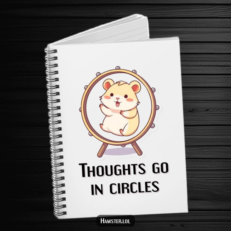 Funny Notebook cover shows a hamster in mid-spin on a wheel, symbolizing energetic brainstorming and humorous productivity.