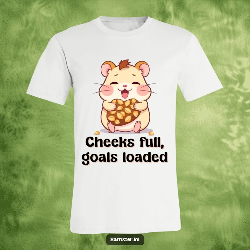 Funny kawaii hamster character energetically stuffing its cheeks with large seeds, capturing a moment of pure joy and humor on a t-shirt.