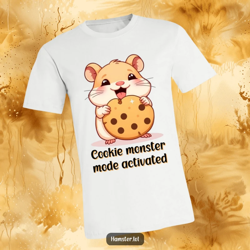 Funny hamster t-shirt featuring a character ecstatically eating a massive cookie chunk, expressing pure, uninhibited snack joy.