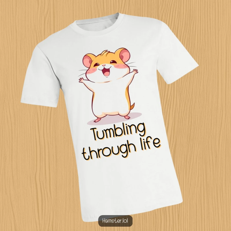 Funny hamster character performing a graceful and joyful somersault, captured on a humorous t-shirt design.