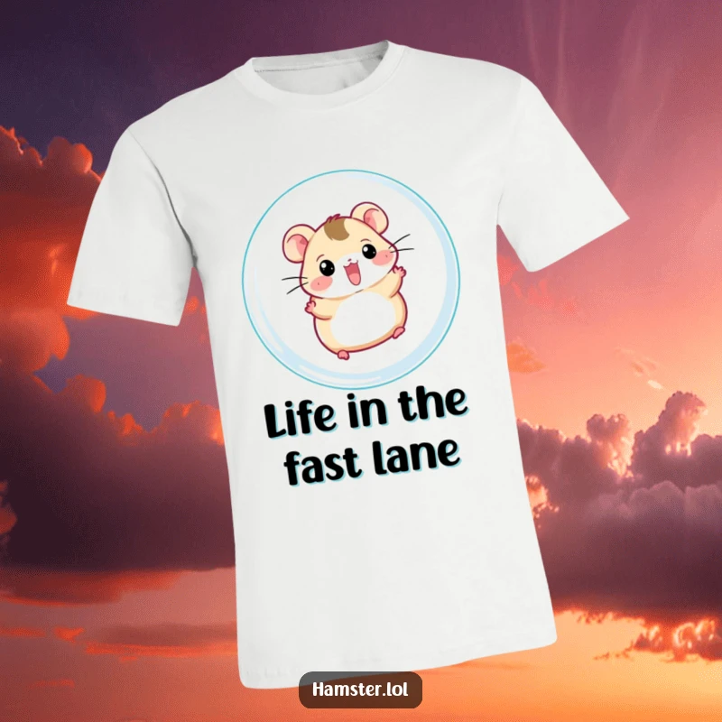 Funny hamster ball t-shirt, a cheerful hamster character enthusiastically running inside a clear hamster ball, showcasing speed and fun.