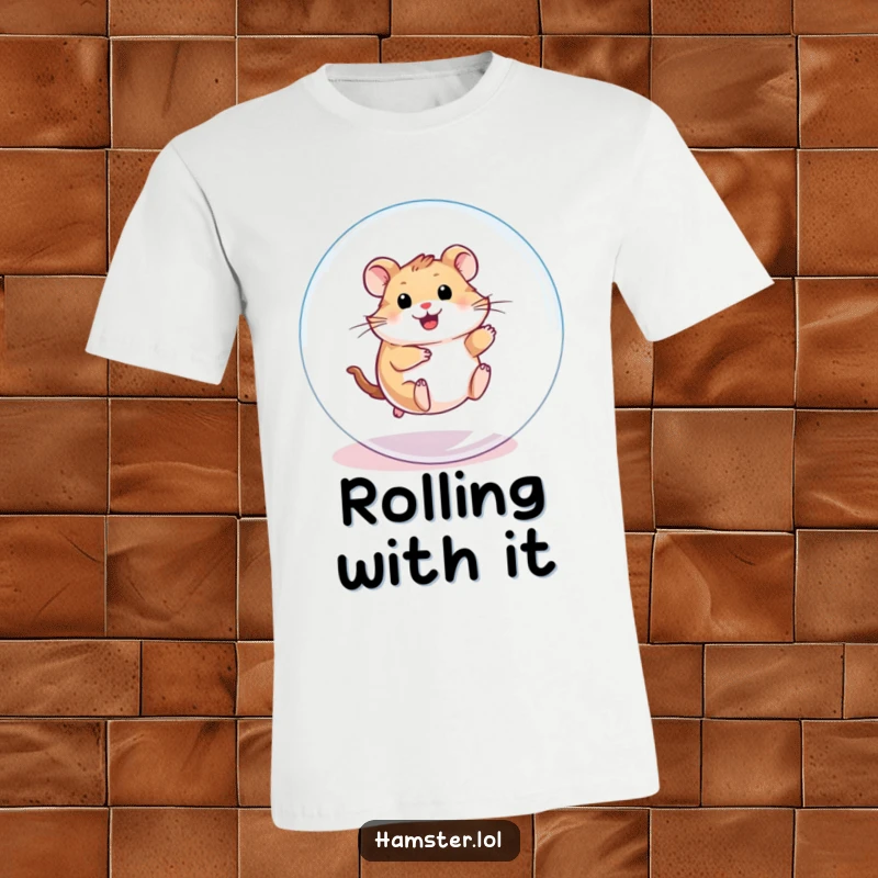 Funny T-Shirt: A playful hamster character energetically rolling inside a transparent ball, celebrating motion and fun.