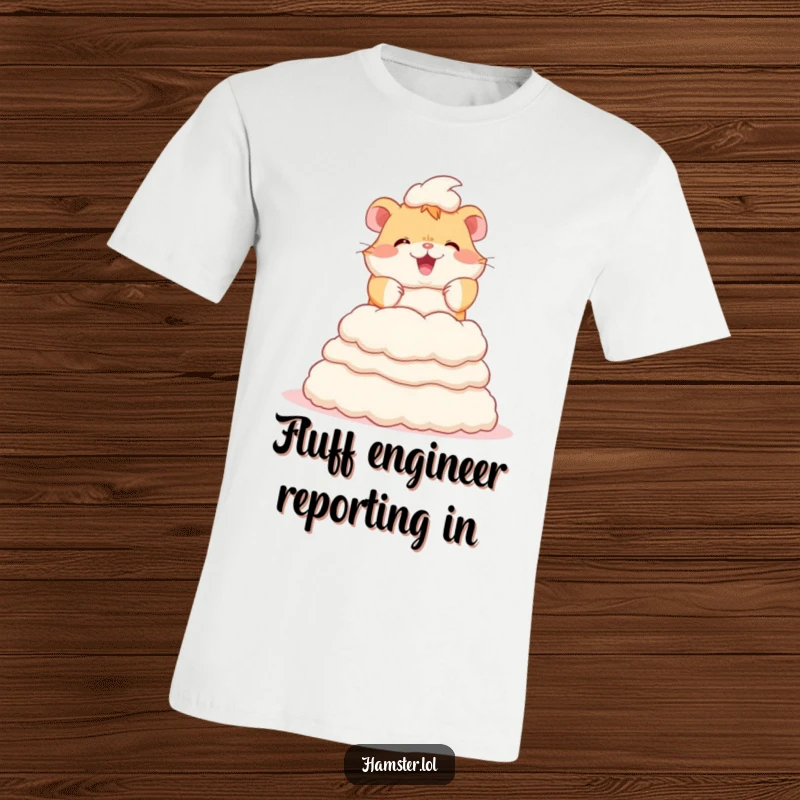 Funny t-shirt featuring a determined hamster character happily constructing a large, impressive tower out of soft bedding fluff materials.
