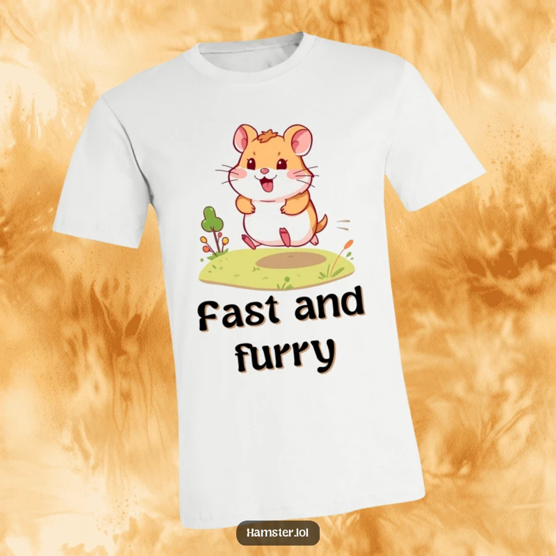 Funny T-Shirt features an energetic hamster making a happy dash across a tiny landscape, conveying a sense of cheerful speed.