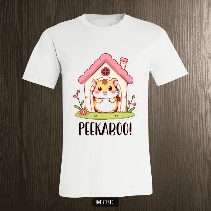 Funny T-Shirt: A curious hamster character peeking out from a miniature house, embodying curiosity and coziness.