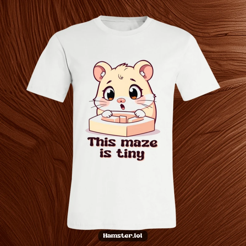 Funny surprised hamster character with widened eyes looking at a tiny maze, a cute and humorous t-shirt design.