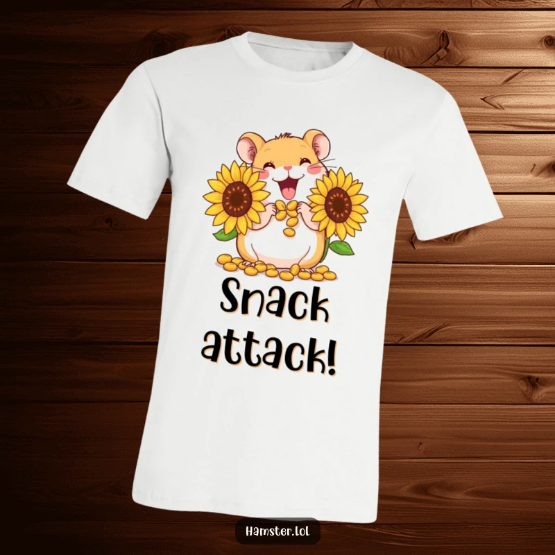 Funny T-Shirt: A cute hamster character gleefully stuffing its cheeks with giant sunflower seeds, celebrating abundance.