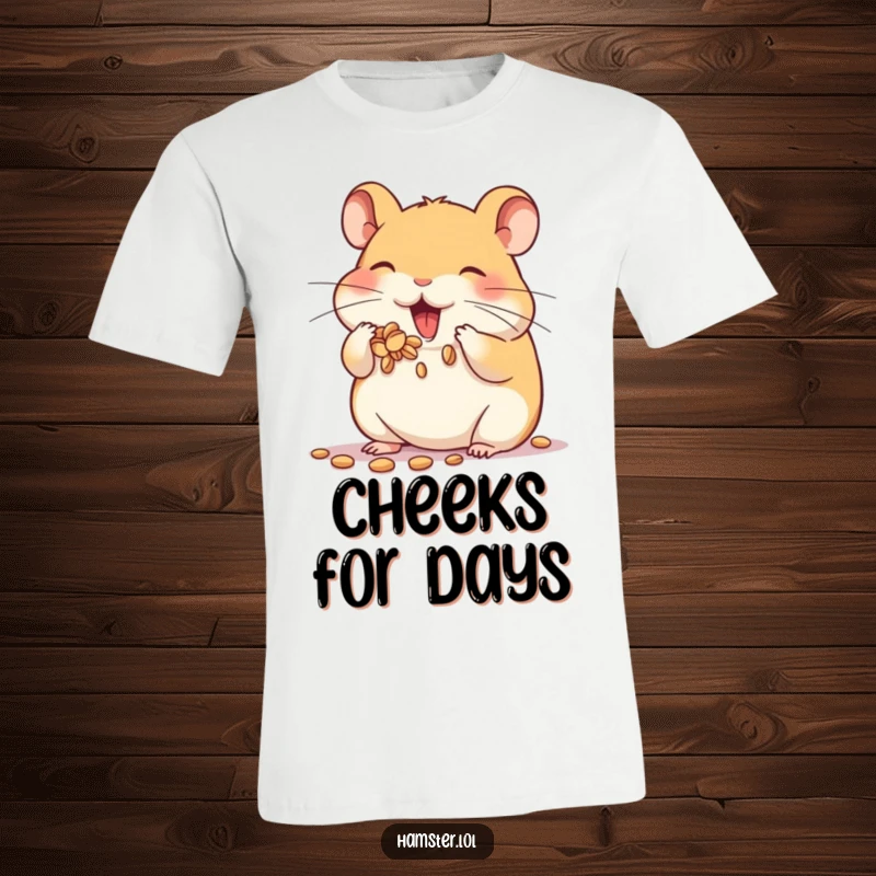 Funny t-shirt featuring a hamster character enthusiastically stuffing its cheeks to capacity with seeds, a comical depiction of overpacking snacks.