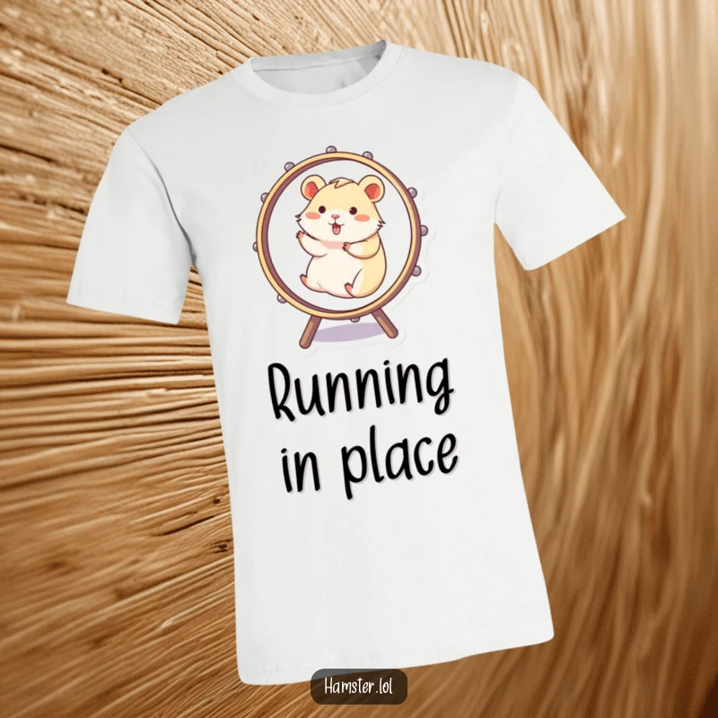 Funny T-Shirt featuring an energetic hamster comically sprinting inside a large spinning wheel, full of playful motion and humor.